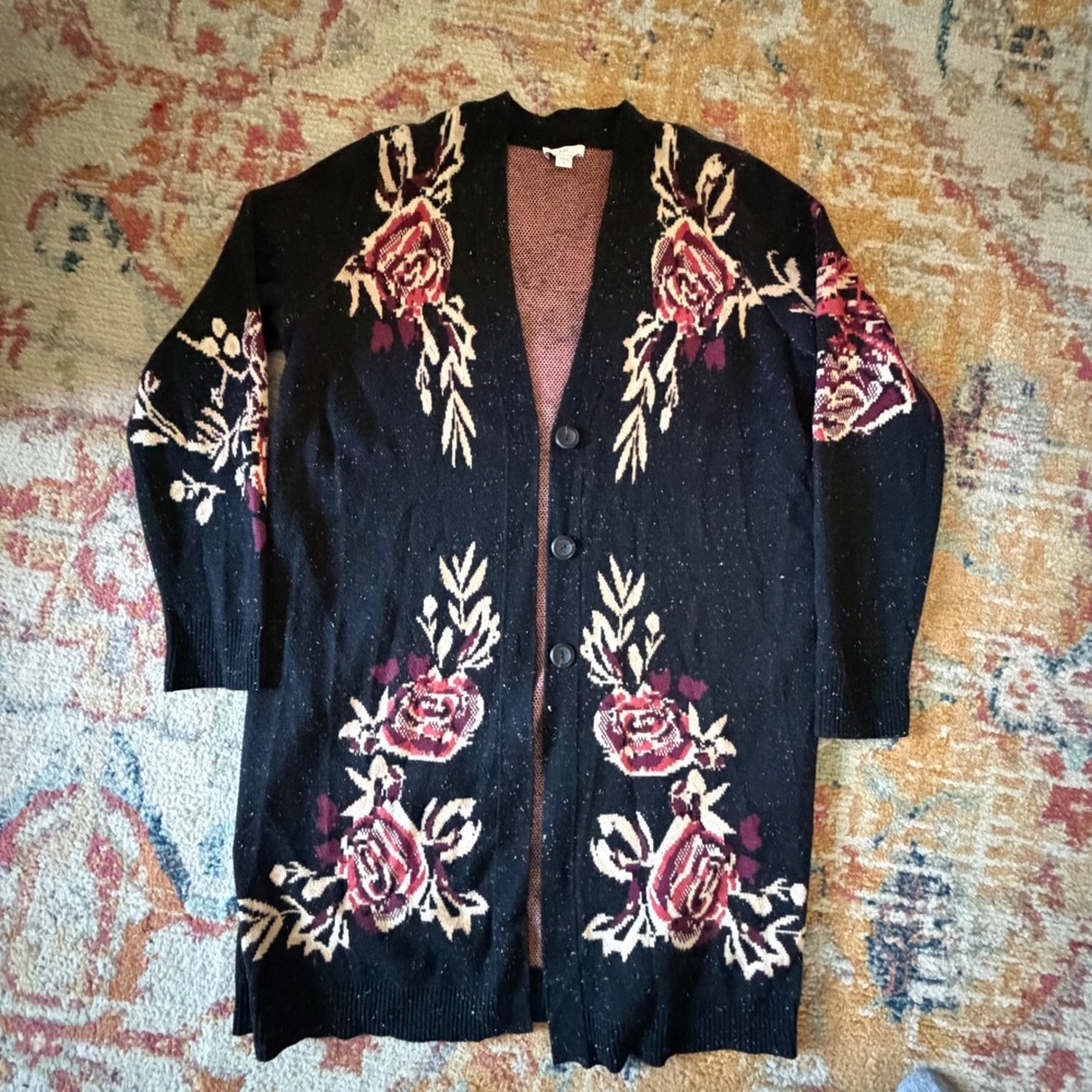 J. Jill Womens Black Floral Bird Intarsia Longline Cardigan Sweater Small